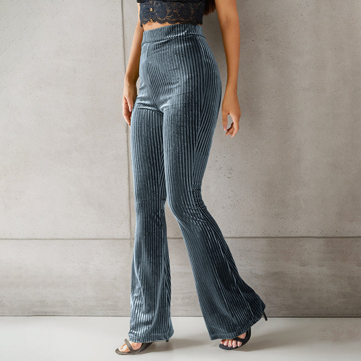 Flared pants for women in velvety material with striped pattern Lune London