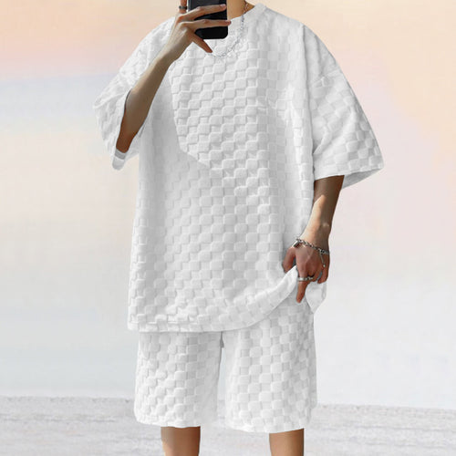 Casual men's outfit with checked pattern t-shirt and shorts Lune London