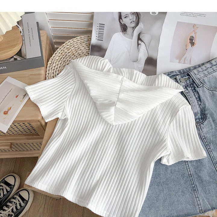 Women's Short Sleeve Hoodie Zip-Up Top with Rib Texture Chic und Stil
