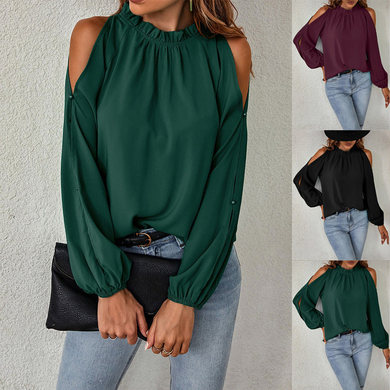 Women bardot blouse with balloon sleeves and a ruffled collar Lune London