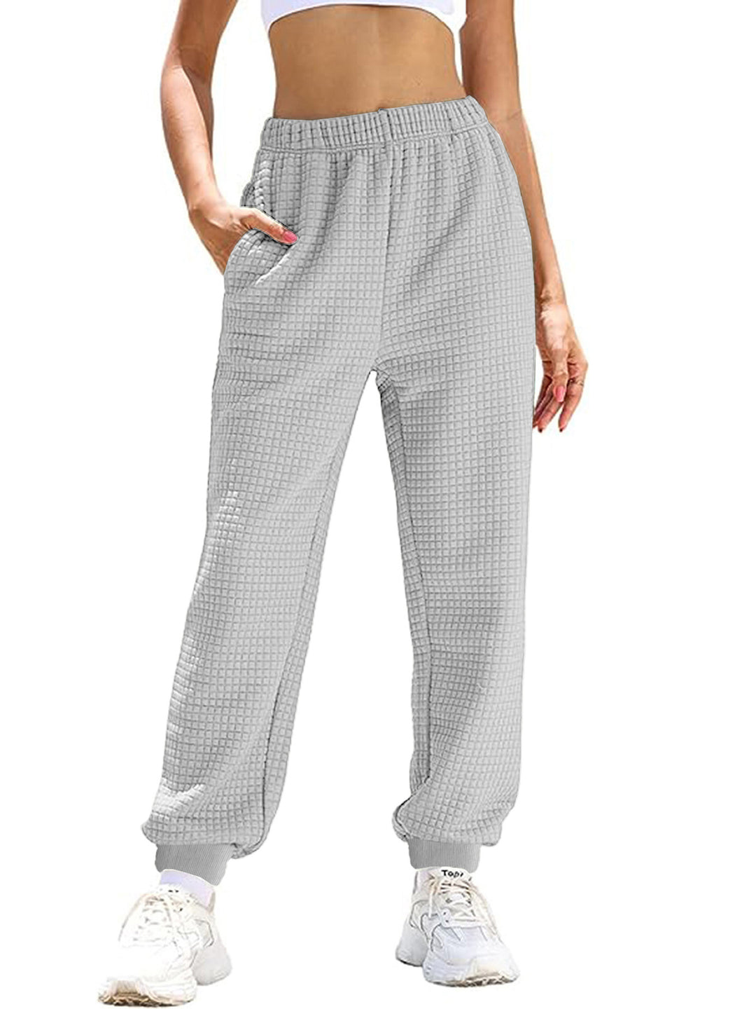 Women Comfortable Waffle Texture Sweatpants with Elastic Waist and Side Pockets Lune London
