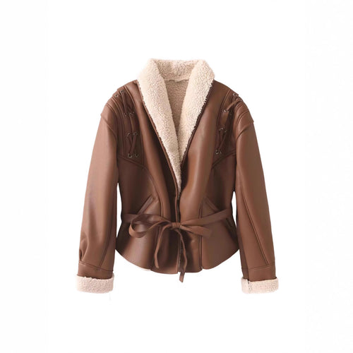 Trendy faux leather jacket for women with soft lining and tie belt Lune London