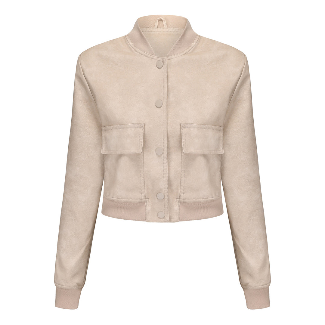 Faux leather bomber jacket for women with practical pockets and elastic cuffs Lune London