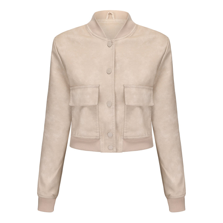 Faux leather bomber jacket for women with practical pockets and elastic cuffs Lune London
