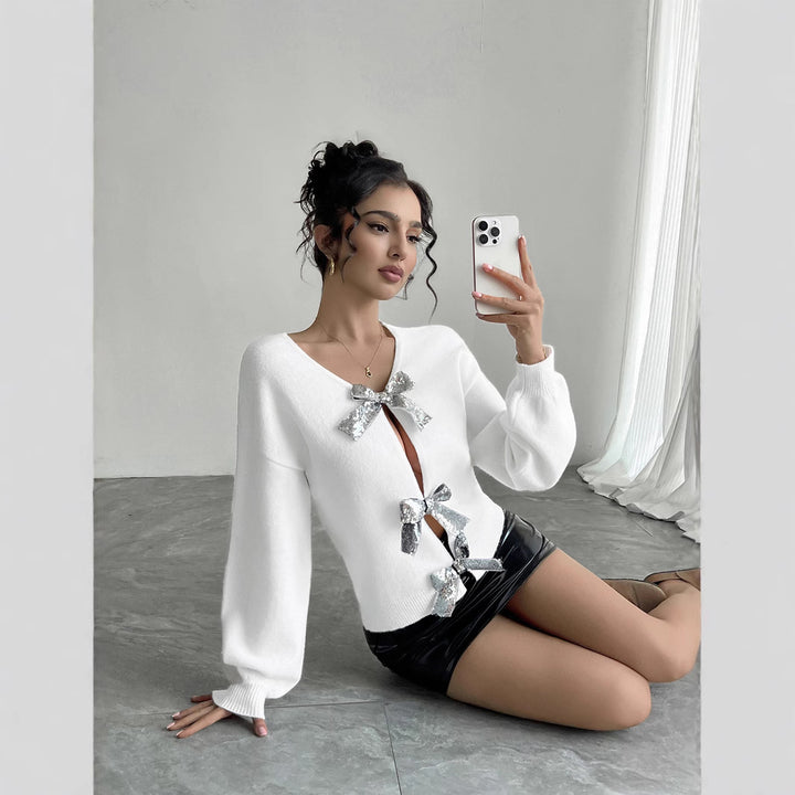 Sparkly knitted sweater with bows for women Lune London