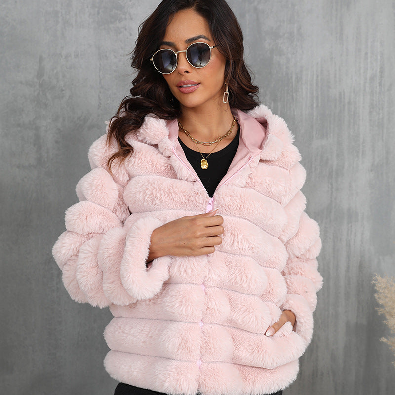 Women's faux fur hooded jacket with textured pattern Lune London