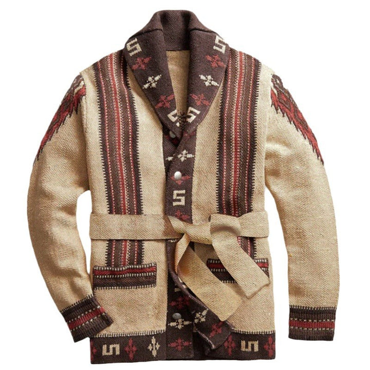 Knit jacket for women with artistic pattern and exclusive belt Lune London