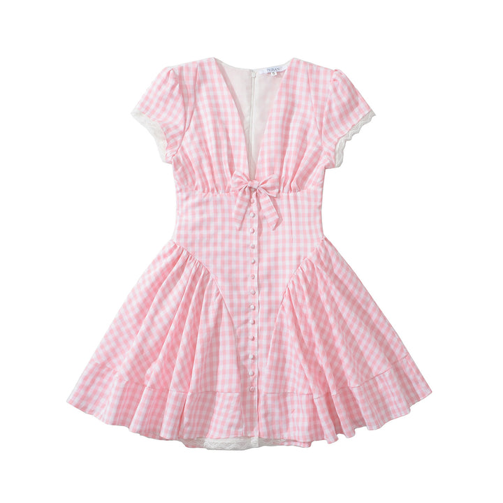 Checkered dress for women with a playful waist belt and ruched details Lune London
