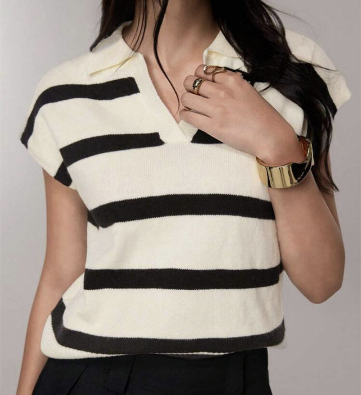 Women Short striped short sleeve sweater with polo collar Lune London