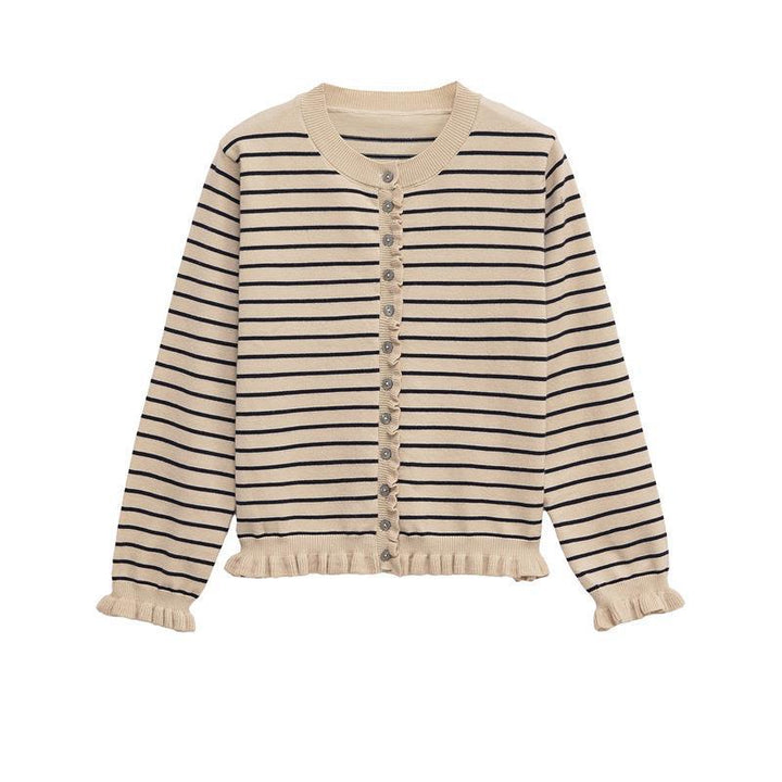 Women's knit jacket with a playful ruffled hem and chic button details Lune London
