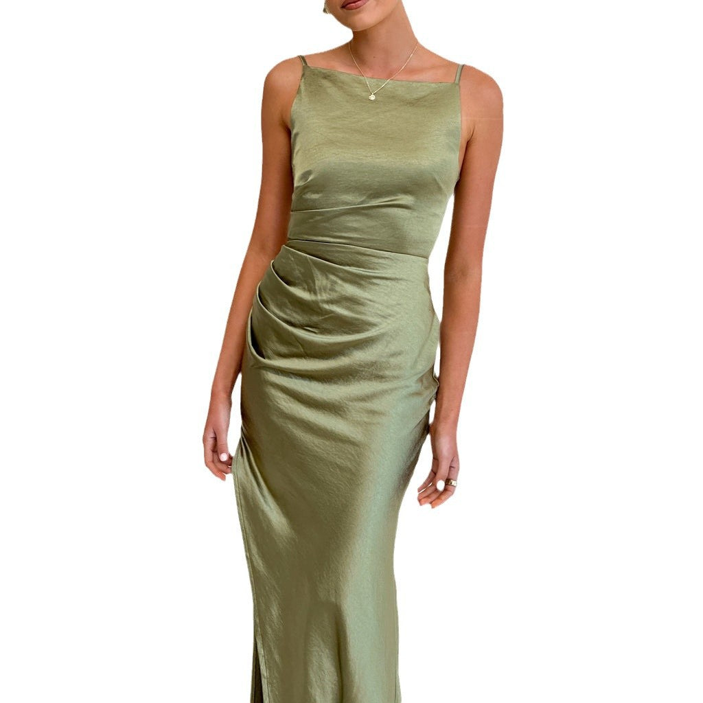Elegant satin maxi dress for women with stylish gathered neckline and side slit Chic & Stil