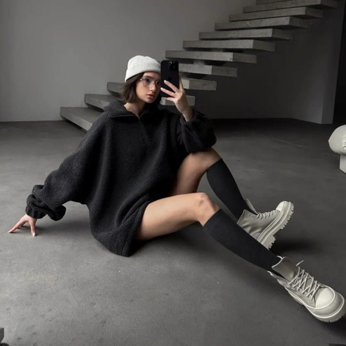Ladies Oversized Fleece Hoodie with high collar and full zipper Lune London
