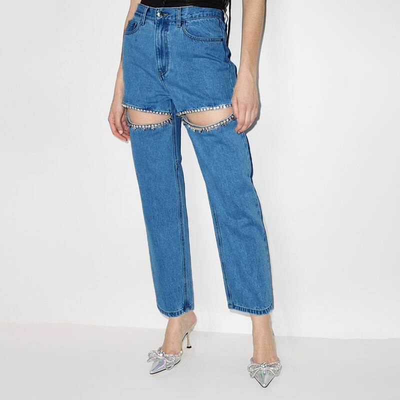 Women's Jeans with Decorative Cut-Outs and Rhinestone Embellishments Lune London
