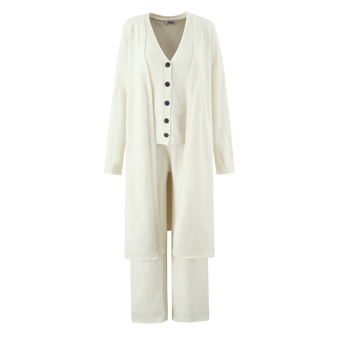 Ladies elegant knitted outfit with long cardigan, button placket and wide trousers Lune London