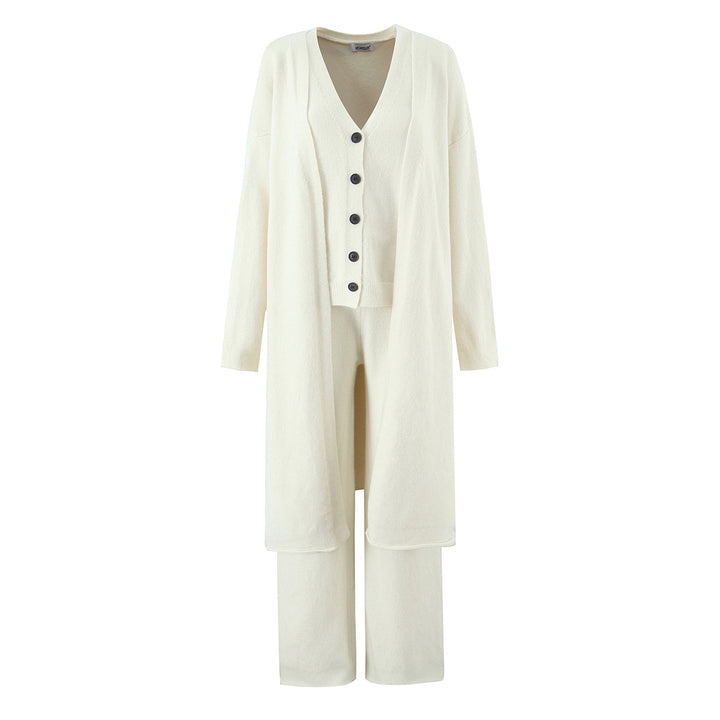 Ladies elegant knitted outfit with long cardigan, button placket and wide trousers Lune London