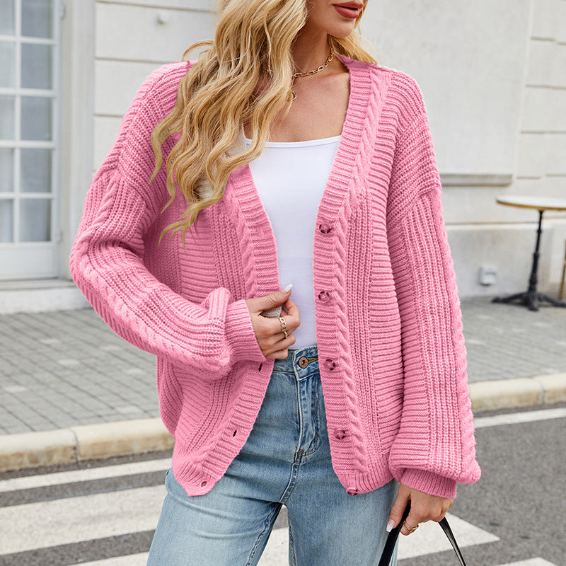 Ladies stylish knitted jacket with V-neck and button placket Lune London