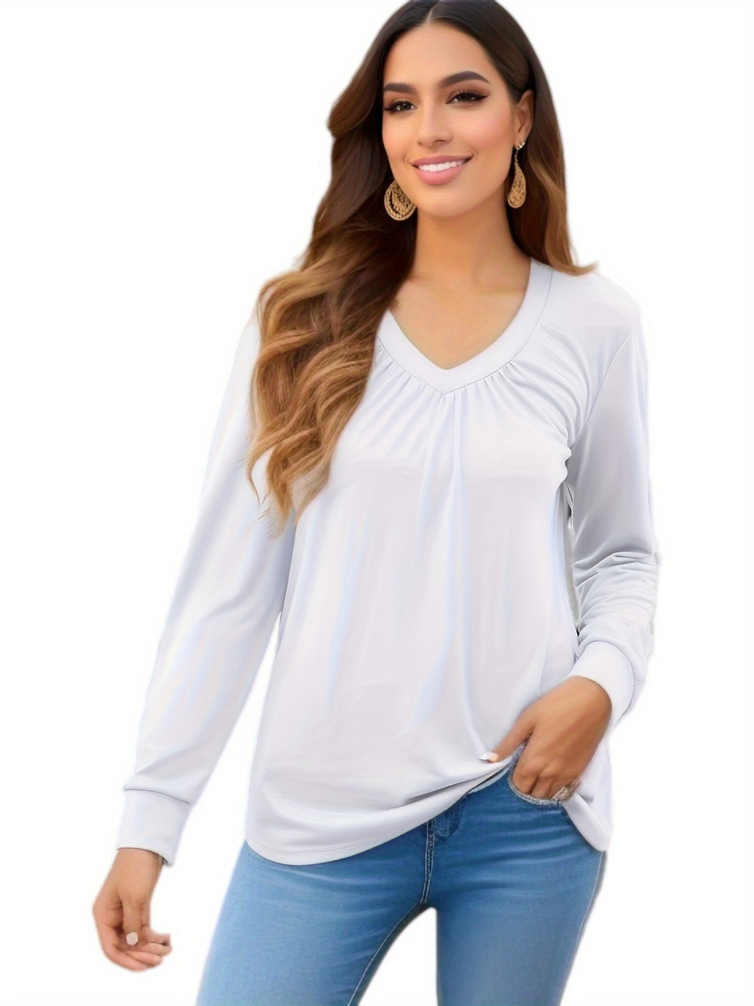 Woman long sleeve V-neck t-shirt with elegant draping and a relaxed fit Lune London