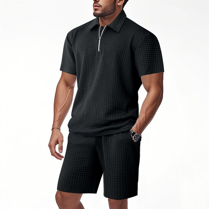 Men's modern short sleeve polo with contemporary design and chic elastic shorts