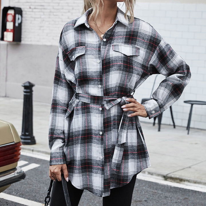 Checkered shirt dress for women with adjustable belt and button placket Lune London