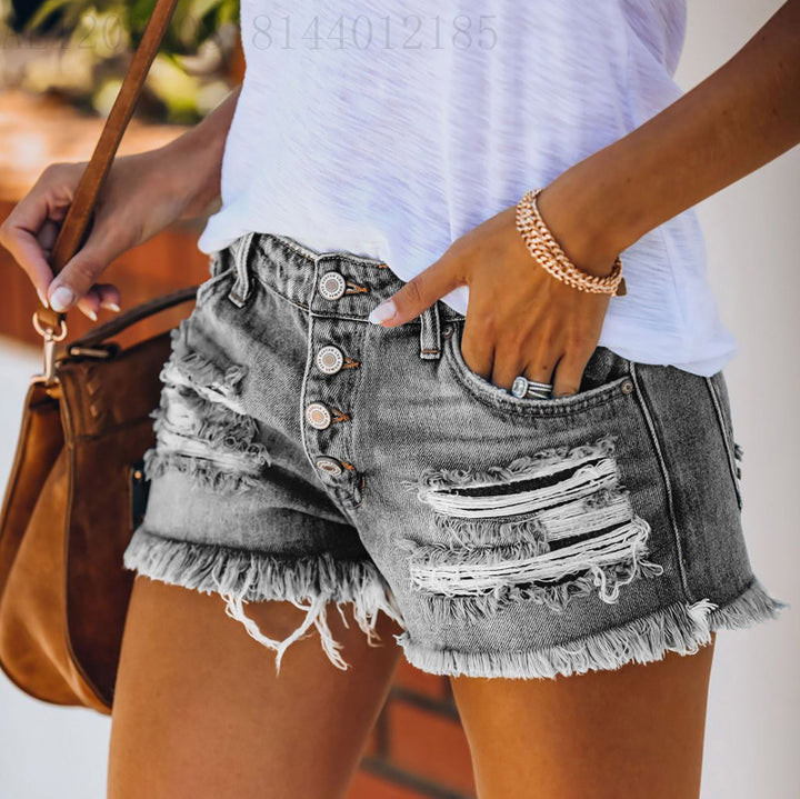 Women's casual destroyed denim shorts with button details and frayed hem Lune London
