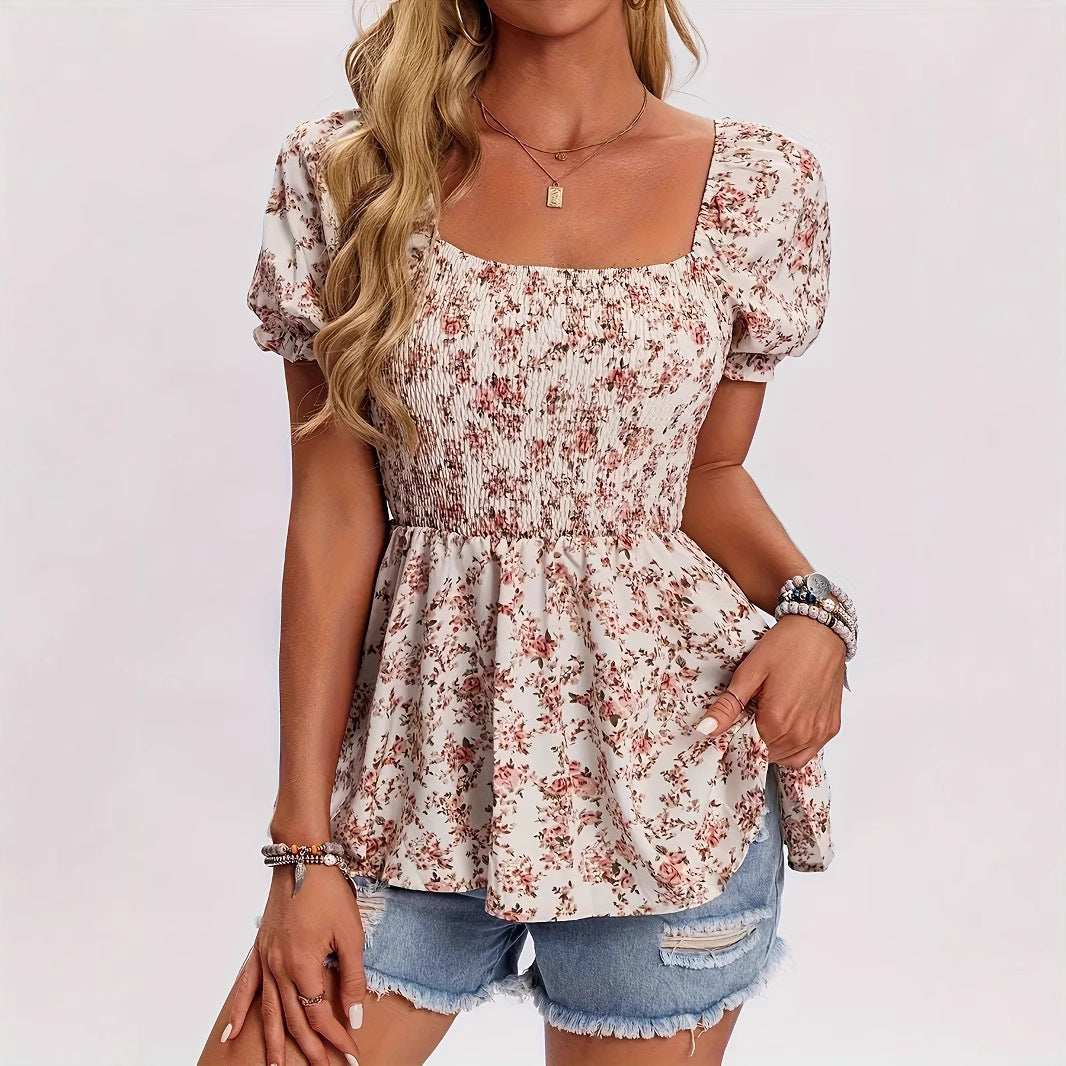 Women floral print blouse with puff sleeves and ruched top Lune London