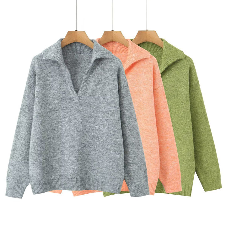 Pull-over tricot décontracté pour femmes avec col montant et col en V Chic & Stil