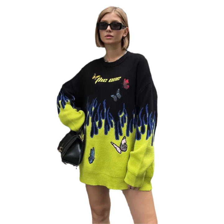 Chunky knit sweater for women with a unique design of flames and butterflies Lune London