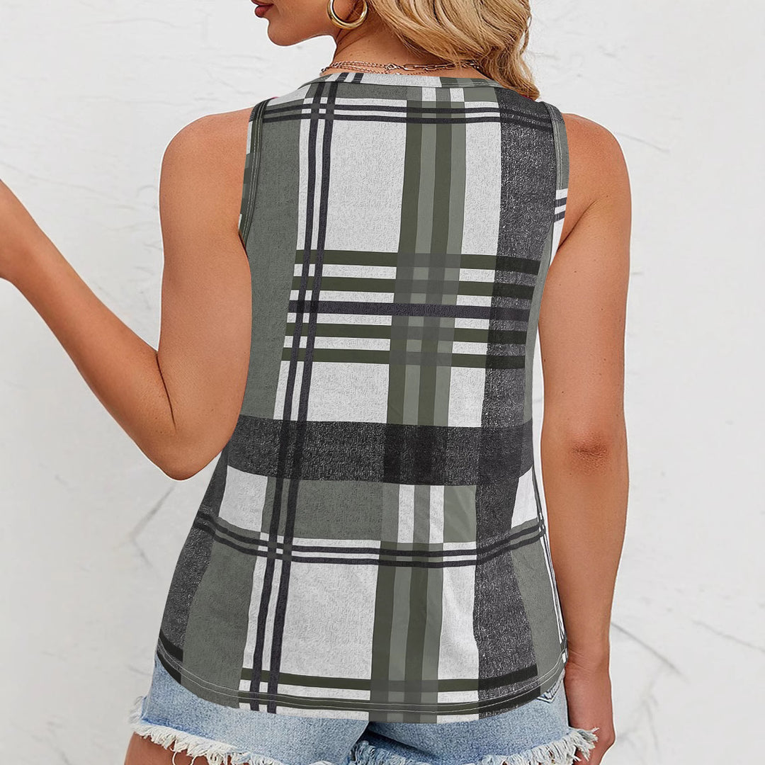 Sleeveless top for women with V-neck, decorative button detail, and modern plaid pattern Lune London