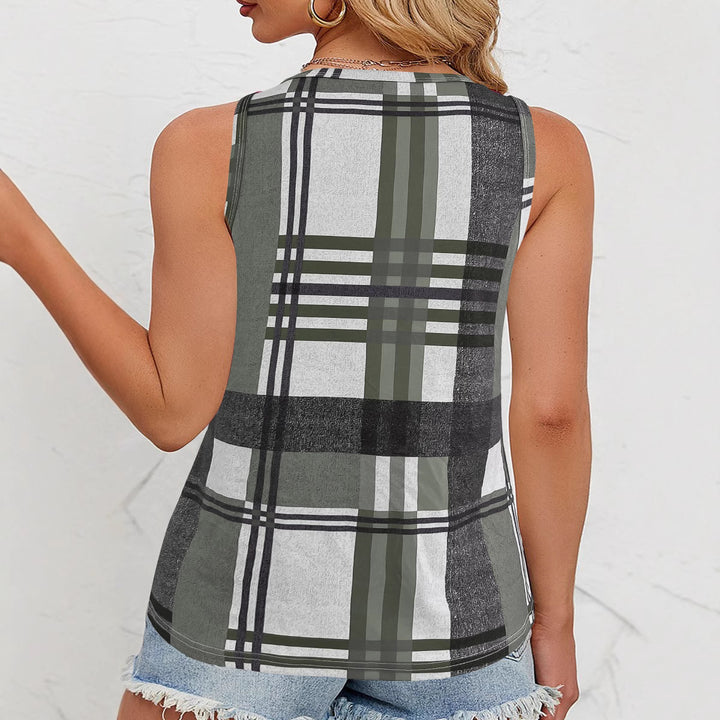 Sleeveless top for women with V-neck, decorative button detail, and modern plaid pattern Lune London
