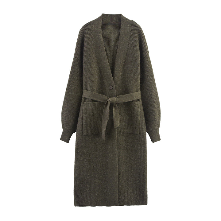 Ladies Long Knit Cardigan With Belt And Pockets Lune London