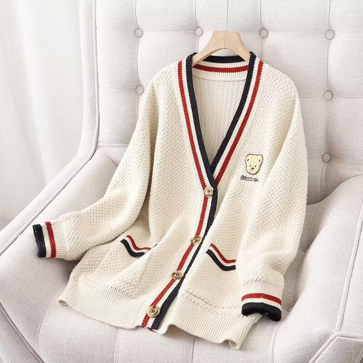 Knitted jacket for women with bear pattern and contrasting stripes Lune London