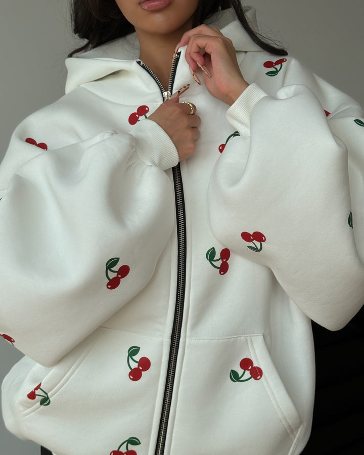 Hooded jacket for women with a unique cherry design and an oversized fit Lune London