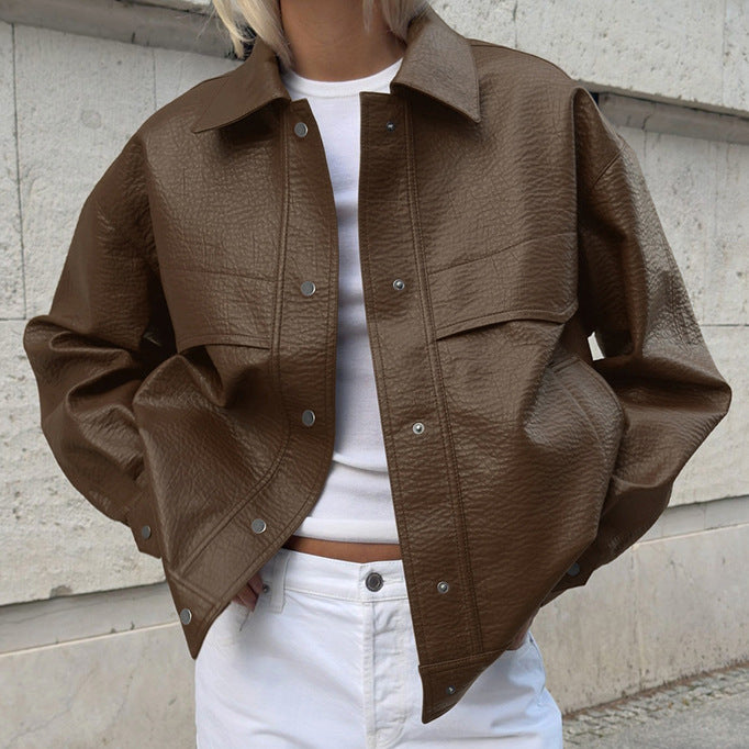 Casual women's synthetic leather jacket in modern oversized style Lune London