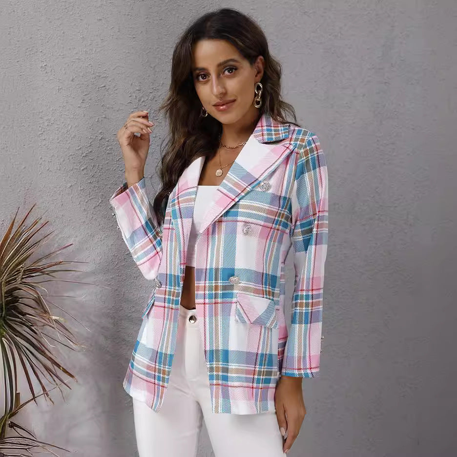 Plaid women's blazer with double button closure Lune London