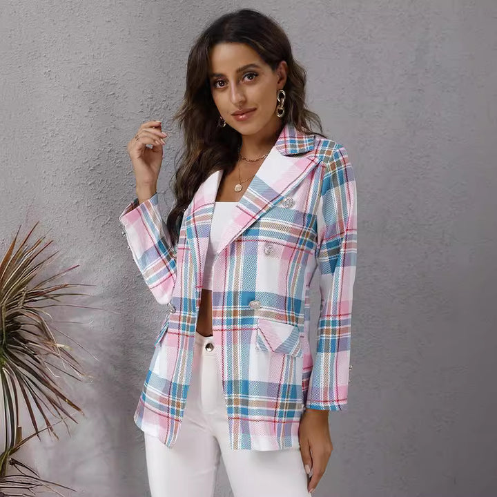 Plaid women's blazer with double button closure Lune London