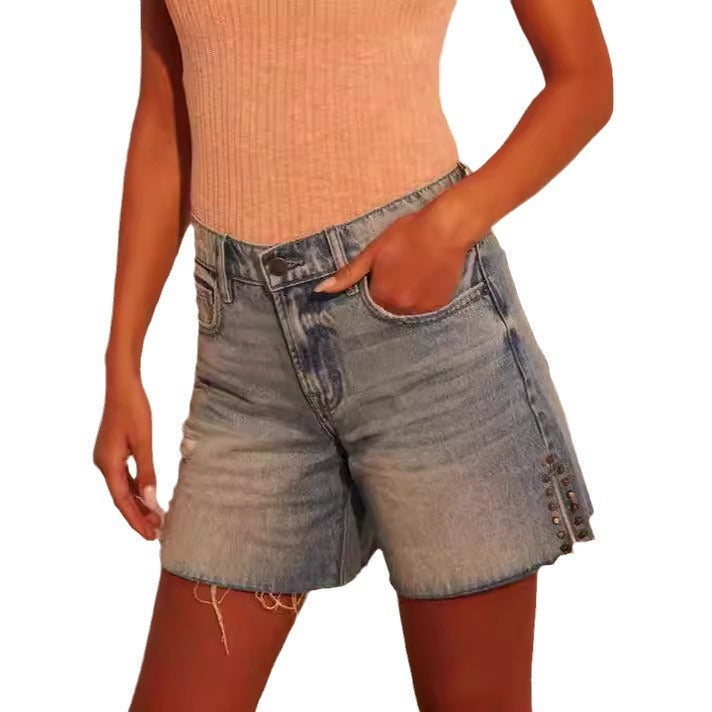 Women's Fashion Destroyed Denim Shorts with Studded Decoration Lune London