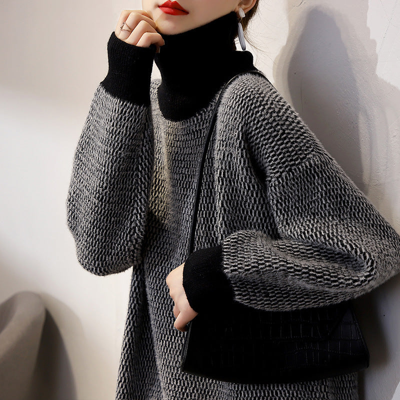 Pull en maille épaisse pour femmes avec col haut et motif moderne Chic & Stil