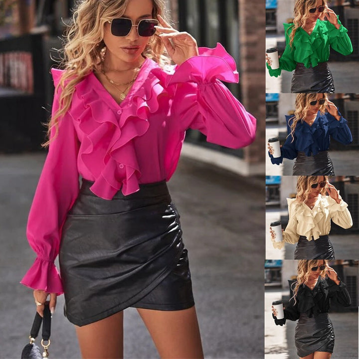 Women's blouse with voluminous ruffle details and elegant V-neck Lune London