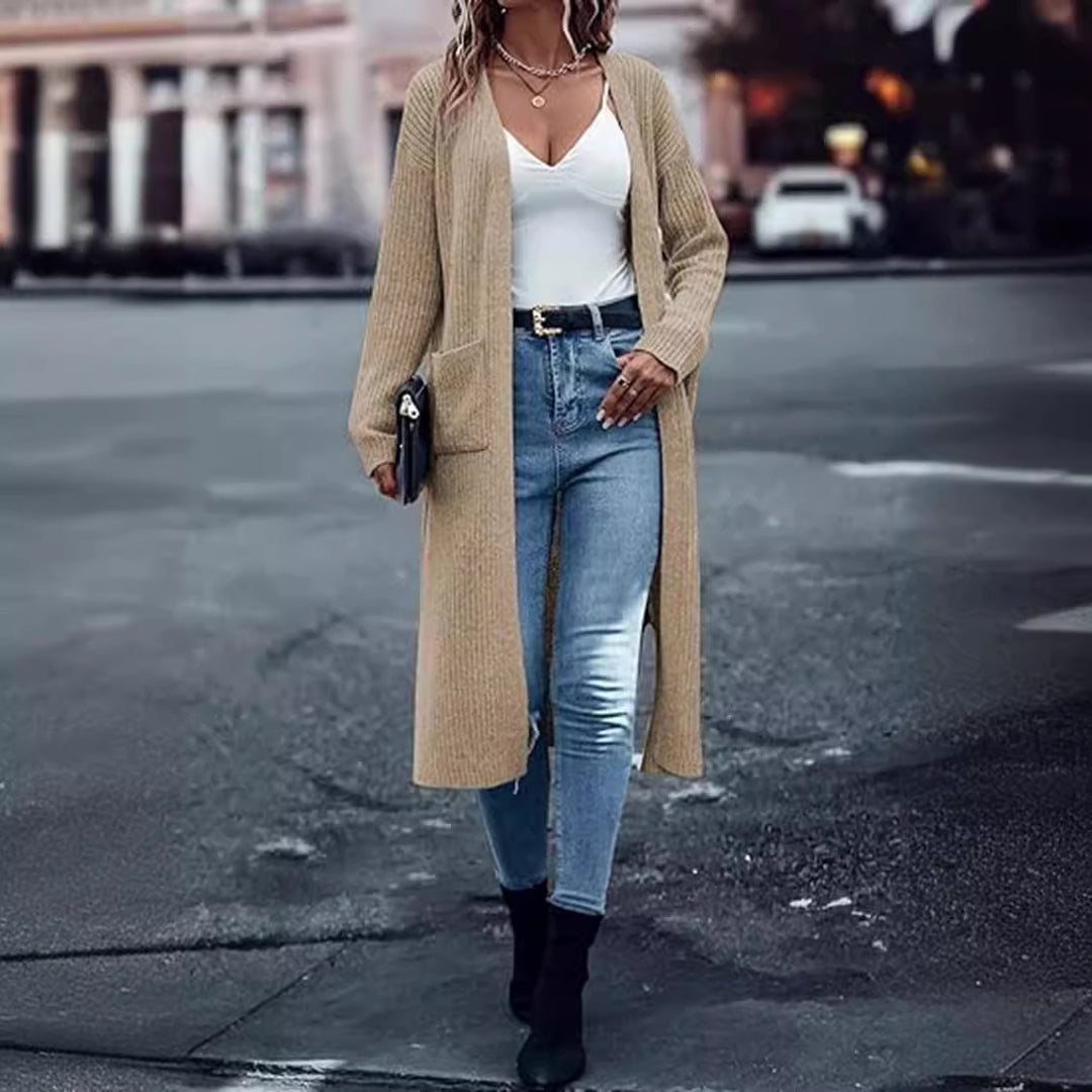 Woman Long knitted cardigan with deep pockets and open cut Lune London