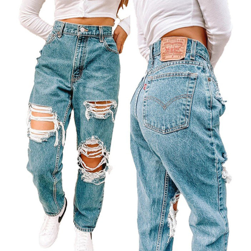 Women Vintage High-Waist Destroyed Jeans with Frayed Details Lune London