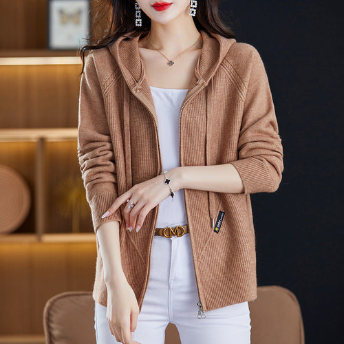 Knitted jacket for ladies with hood and practical pockets Lune London