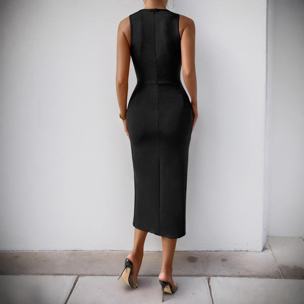 Elegant Midi Dress with Lace Detail and Chic Side Split