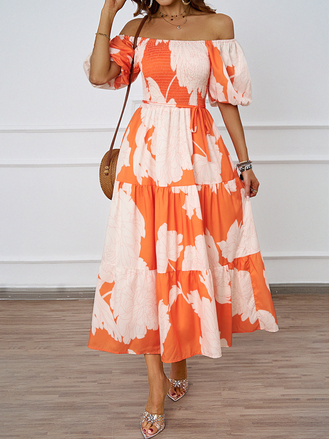 Maxi Dress for Women with Off-Shoulder, Voluminous Sleeves and Chic & Stylish Print