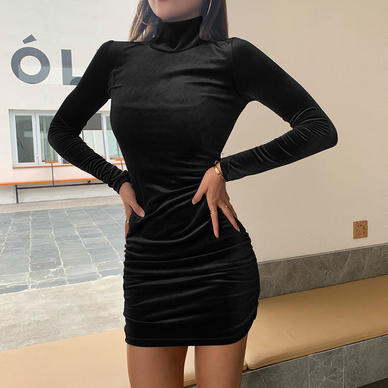 Exclusive mini velvet dress for women with high collar and refined ruffle details Lune London