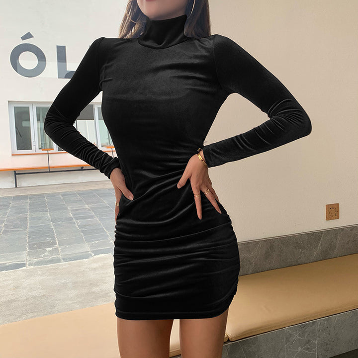 Exclusive mini velvet dress for women with high collar and refined ruffle details Lune London