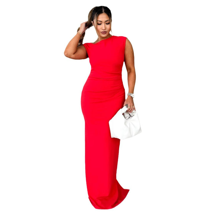 Maxi dress for women with a fitted design and elegant cascade neckline Chic & Stil