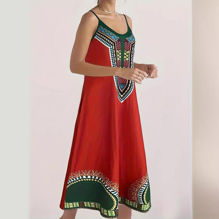 Maxi dress for women with modern ethnic print and practical side pockets Lune London