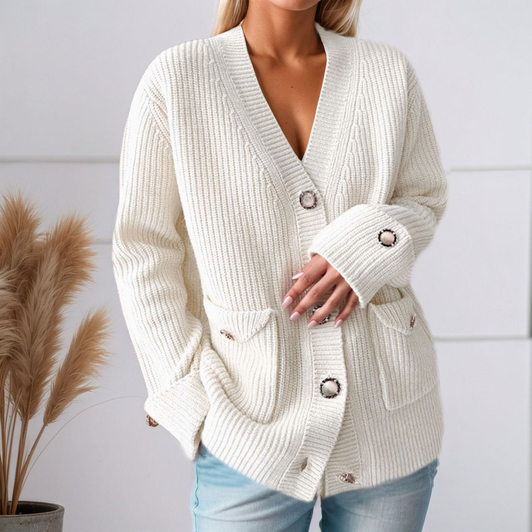 Chunky knit cardigan for women with practical pockets and stylish button details Lune London