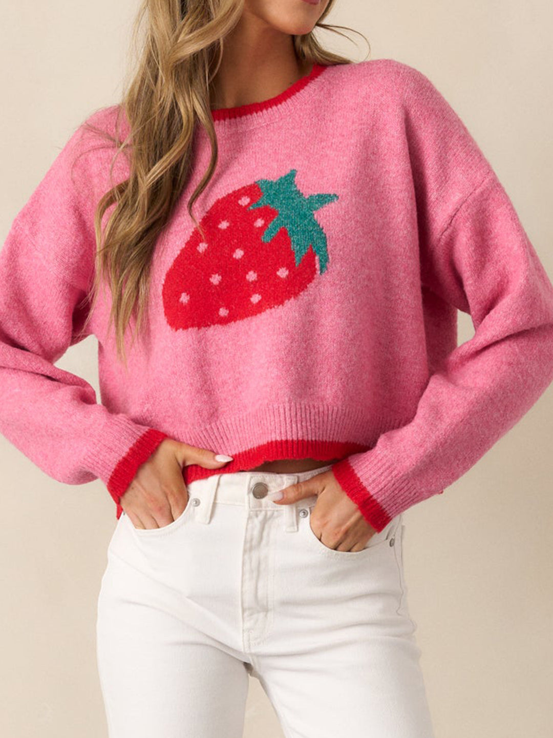 Trendy sweater for women with strawberry pattern and contrasting cuffs Lune London
