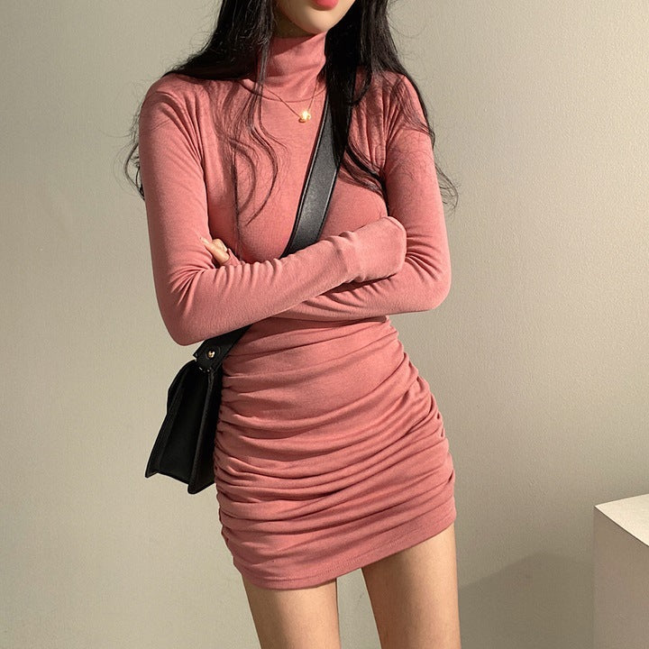 Women's Long Sleeve Turtleneck Top with Elegant Gathering Effect and Soft Material
